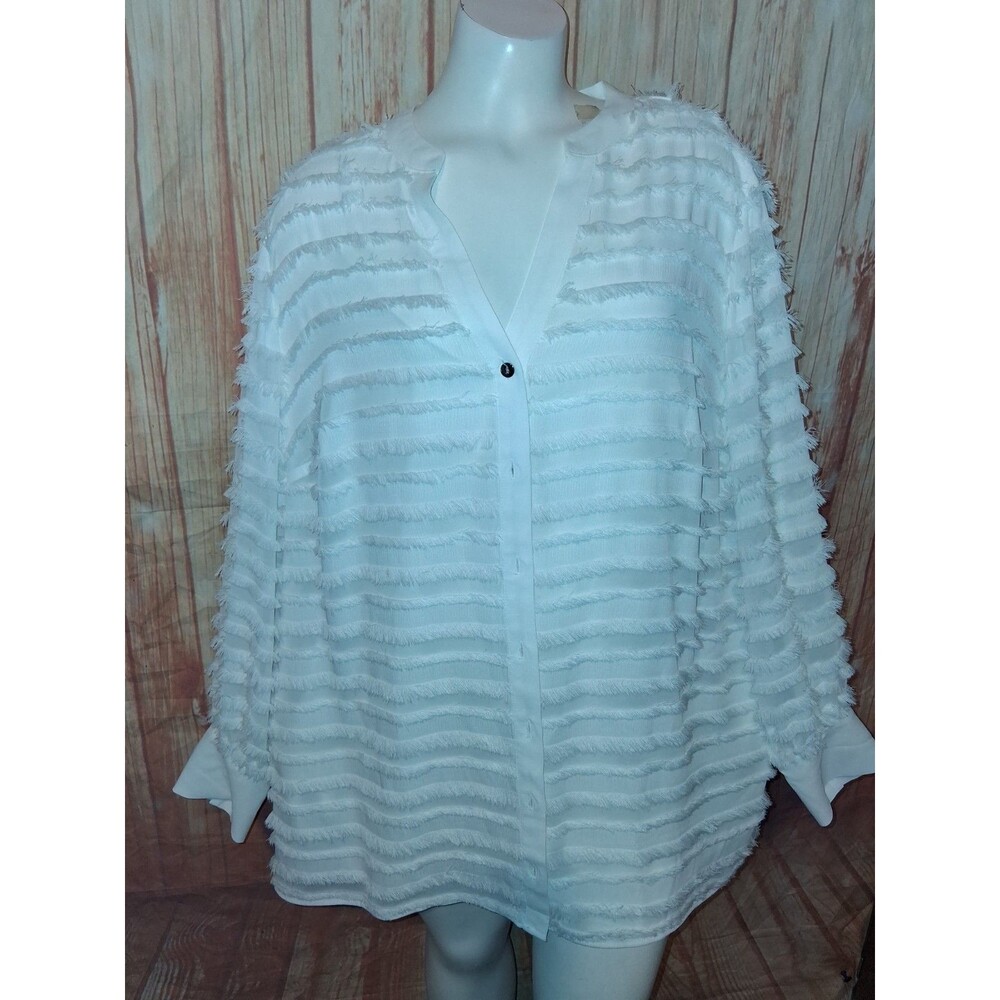 Alfani White Long Sleeve Button Up V-neck Fringe Blouse Sz 2X